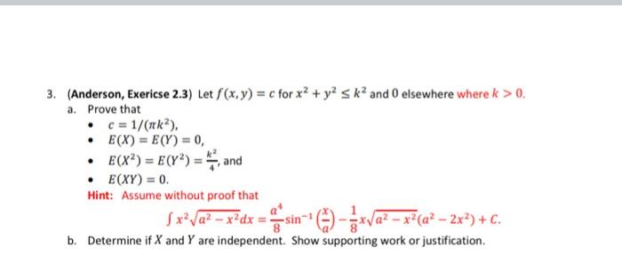 3 Anderson Exericse 2 3 Let F X Y C For X Y2 Sk And Elsewhere Wherek 0 A Prove That C 1 Tk E X 1