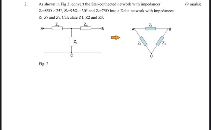 2 9 Marks As Shown In Fig 2 Convert The Star Connected Network With Impedances Z 851225 Zo 9512 230 And Z 7562 I 1