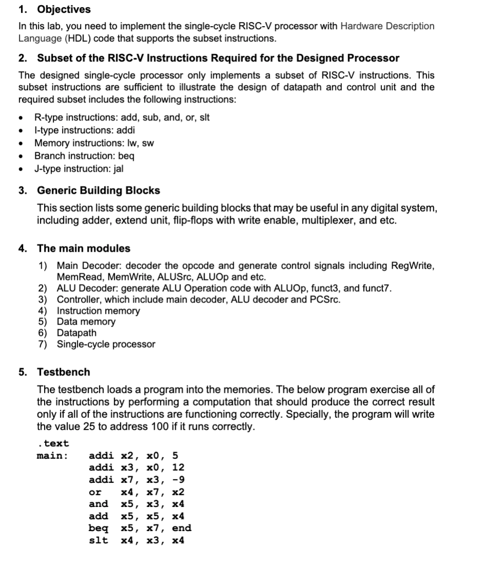 1 Objectives In This Lab You Need To Implement The Single Cycle Risc V Processor With Hardware Description Language H 1