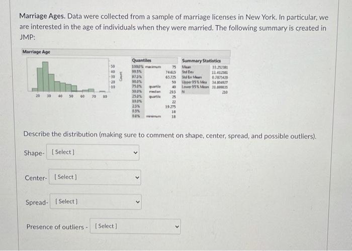 Marriage Ages Data Were Collected From A Sample Of Marriage Licenses In New York In Particular We Are Interested In T 1