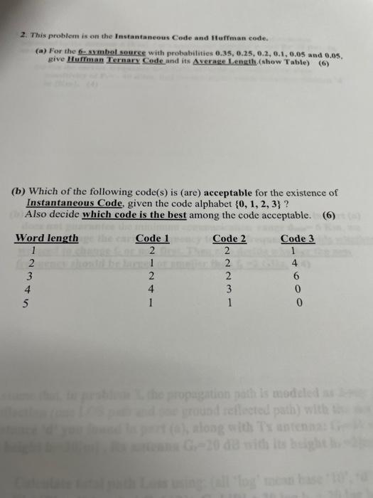 2 This Problem Is On The Instantaneous Code And Huffman Code A For The 6 Symbol Source With Probabilities 0 35 0 25 1