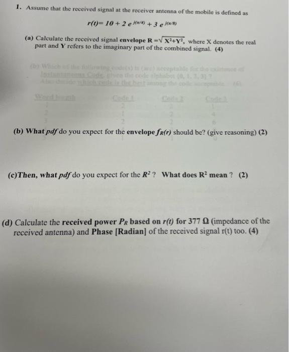 1 Assume That The Received Signal At The Receiver Antenna Of The Mobile Is Defined As R 0 10 2 E 4 3 E A Ca 1