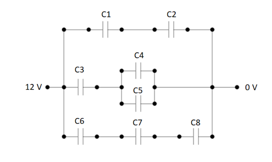 Considering The Following Circuit With Values C1 3 C2 2 C3 8 C4 4 C5 2 C6 2 C7 3 C8 4 All Capacitances Are In 1