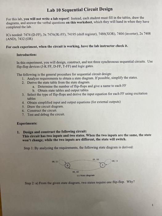 Lab 10 Sequential Circuit Design For This Lab You Will Not Write A Lab Report Instead Each Student Must Fill In The T 1