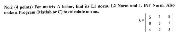 No 2 4 Points For Matrix A Below Find Its L1 Norm L2 Norm And L Inf Norm Also Make A Program Matlab Or C To Calcu 1