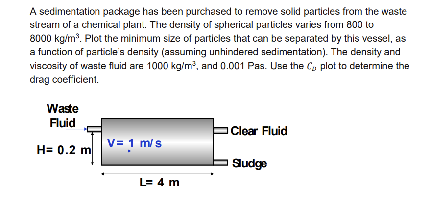 A Sedimentation Package Has Been Purchased To Remove Solid Particles From The Waste Stream Of A Chemical Plant The Dens 1