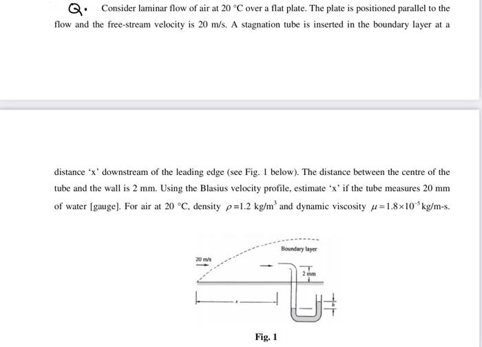 Q Consider Laminar Flow Of Air At 20 C Over A Flat Plate The Plate Is Positioned Parallel To The Flow And The Free St 1