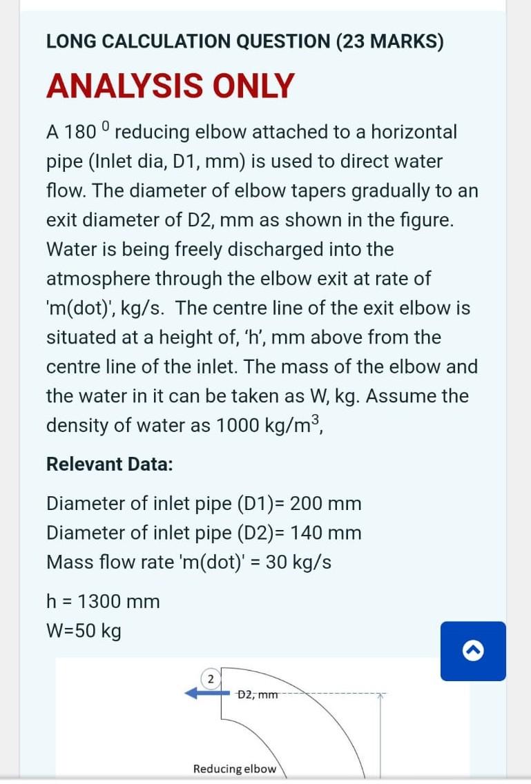 Long Calculation Question 23 Marks Analysis Only A 180 Reducing Elbow Attached To A Horizontal Pipe Inlet Dia D1 1