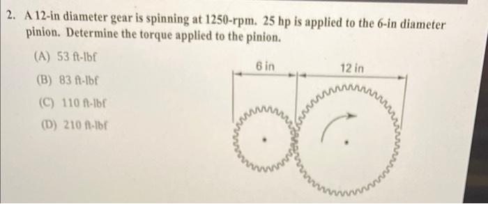 2 A 12 In Diameter Gear Is Spinning At 1250 Rpm 25 Hp Is Applied To The 6 In Diameter Pinion Determine The Torque App 1