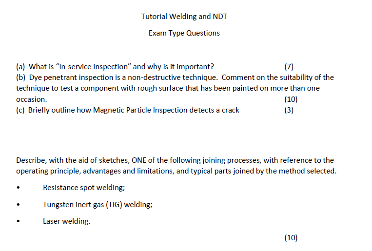 Tutorial Welding And Ndt Exam Type Questions A What Is In Service Inspection And Why Is It Important 7 B Dye Pe 1
