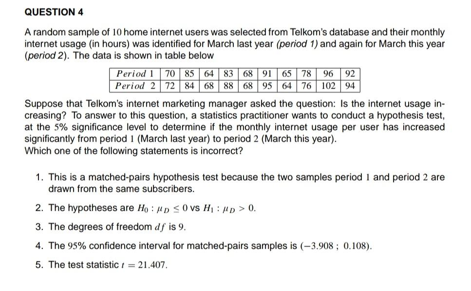 Question 4 A Random Sample Of 10 Home Internet Users Was Selected From Telkom S Database And Their Monthly Internet Usag 1