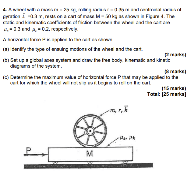 4 A Wheel With A Mass M 25 Kg Rolling Radius R 0 35 M And Centroidal Radius Of Gyration K 0 3 M Rests On A Cart 1