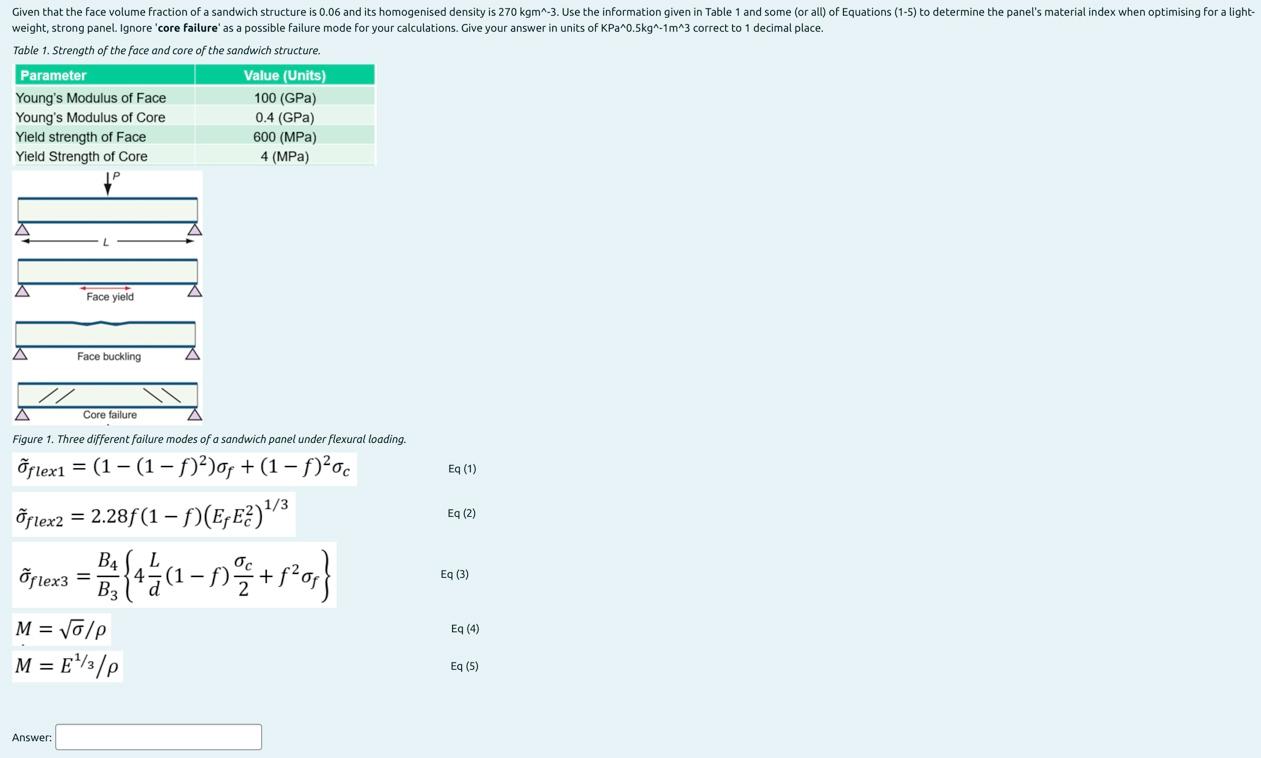 Given That The Face Volume Fraction Of A Sandwich Structure Is 0 06 And Its Homogenised Density Is 270 Kgm 3 Use The I 1