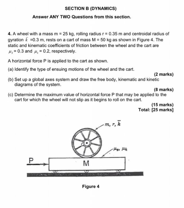 Section B Dynamics Answer Any Two Questions From This Section 4 A Wheel With A Mass M 25 Kg Rolling Radius R 0 1