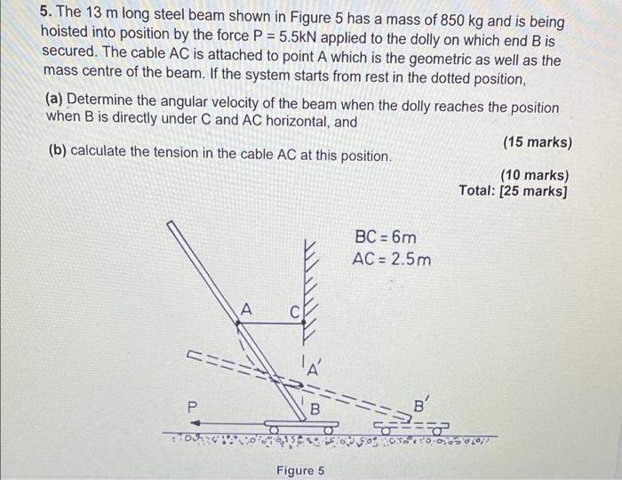 5 The 13 M Long Steel Beam Shown In Figure 5 Has A Mass Of 850 Kg And Is Being Hoisted Into Position By The Force P 5 1