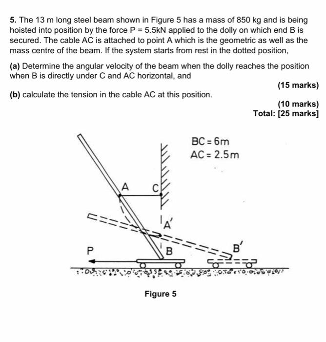 5 The 13 M Long Steel Beam Shown In Figure 5 Has A Mass Of 850 Kg And Is Being Hoisted Into Position By The Force P 5 1