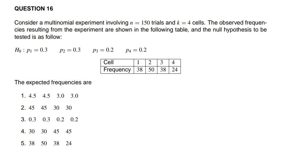 Question 16 Consider A Multinomial Experiment Involving N 150 Trials And K 4 Cells The Observed Frequen Cies Resul 1