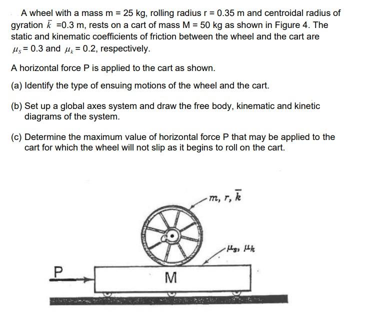 A Wheel With A Mass M 25 Kg Rolling Radius R 0 35 M And Centroidal Radius Of Gyration A 0 3 M Rests On A Cart Of 1