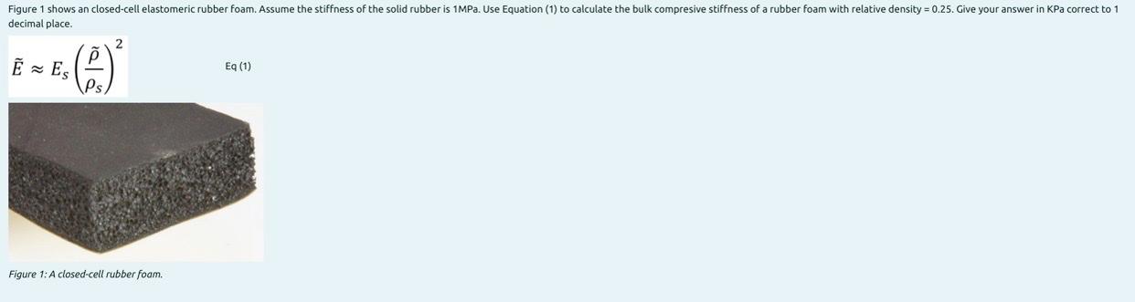 Figure 1 Shows An Closed Cell Elastomeric Rubber Foam Assume The Stiffness Of The Solid Rubber Is 1mpa Use Equation 1 1