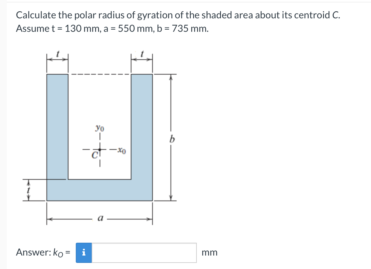 Calculate The Polar Radius Of Gyration Of The Shaded Area About Its Centroid C Assume T 130 Mm A 550 Mm B 735 M 1