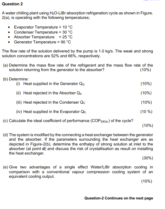 Question 2 A Water Chilling Plant Using H2o Libr Absorption Refrigeration Cycle As Shown In Figure 2 A Is Operating W 1