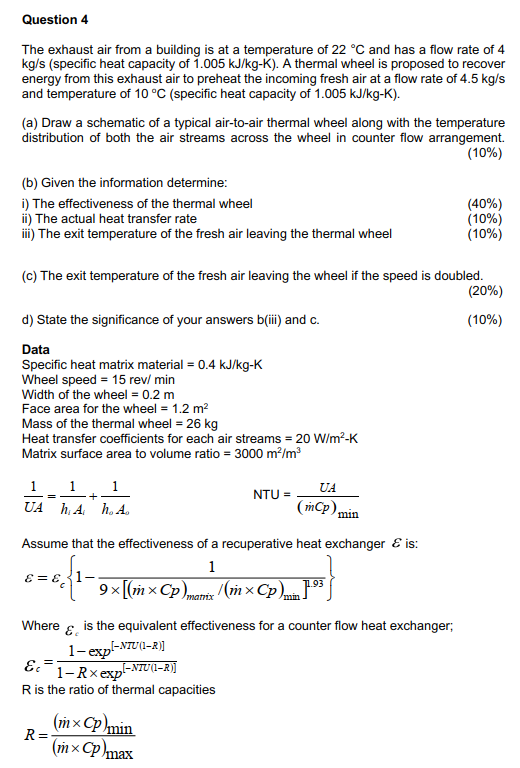 Question 4 The Exhaust Air From A Building Is At A Temperature Of 22 C And Has A Flow Rate Of 4 Kg S Specific Heat Cap 1