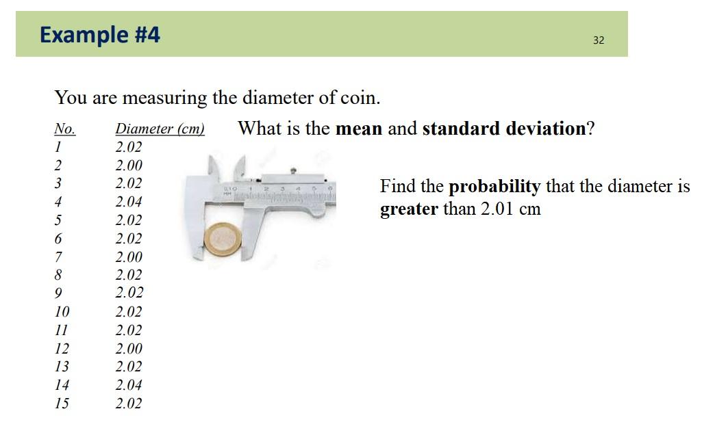 Example 4 You Are Measuring The Diameter Of Coin No Diameter Cm What Is The Mean And Standard Deviation 1 2 02 2 2 1