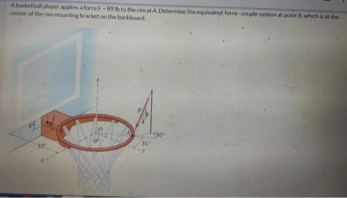 A Basketball Player Applies A Force F 89 Lb To The Rim At A Determine The Equivaleot Force Couple System At Point B Wh 1