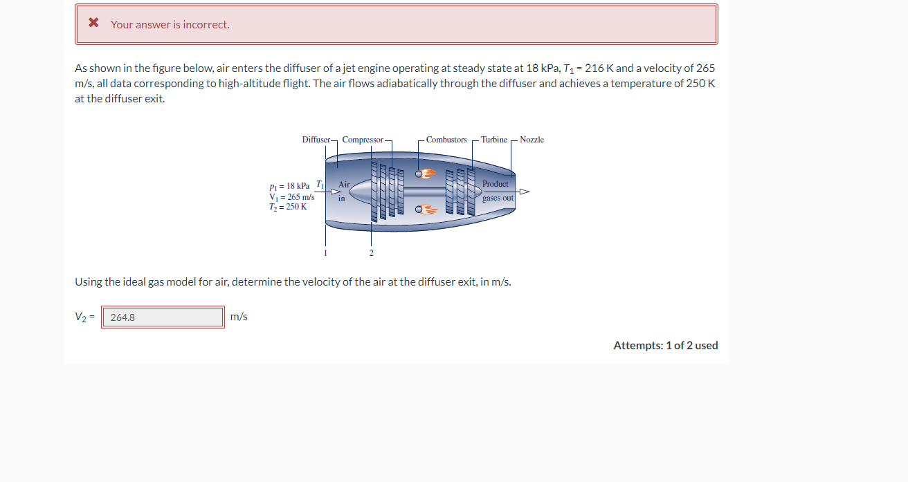 X Your Answer Is Incorrect As Shown In The Figure Below Air Enters The Diffuser Of A Jet Engine Operating At Steady St 1