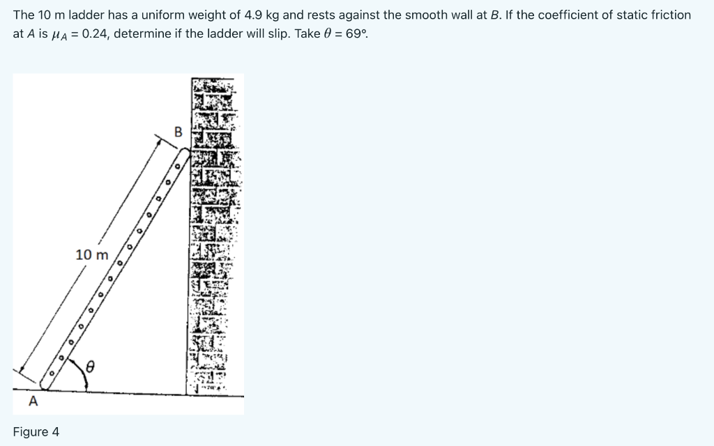 The 10 M Ladder Has A Uniform Weight Of 4 9 Kg And Rests Against The Smooth Wall At B If The Coefficient Of Static Fric 1
