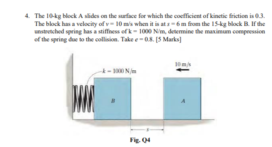 4 The 10 Kg Block A Slides On The Surface For Which The Coefficient Of Kinetic Friction Is 0 3 The Block Has A Velocit 1