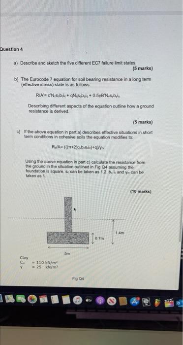 Question 4 A Describe And Sketch The Five Different Ec7 Failure Imit States 5 Marks B The Eurocode 7 Equation For So 1