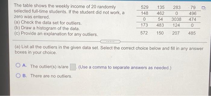 The Table Shows The Weekly Income Of 20 Randomly Selected Full Time Students If The Student Did Not Work A Zero Was En 1