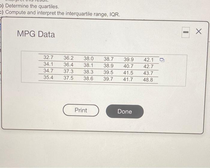 The Accompanying Data Represent The Miles Per Gallon Of A Random Sample Of Cars With A Three Cylinder 1 0 Liter Engine 2