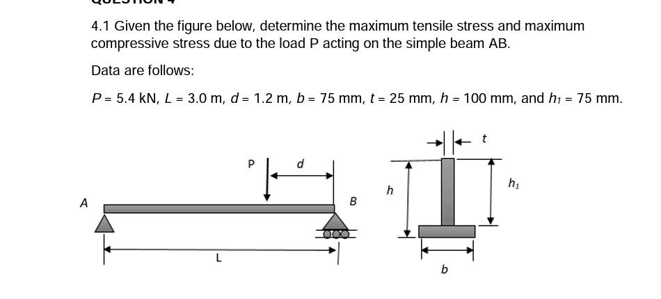 4 1 Given The Figure Below Determine The Maximum Tensile Stress And Maximum Compressive Stress Due To The Load P Acting 1