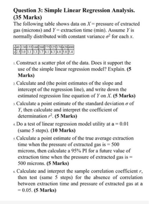 Question 3 Simple Linear Regression Analysis 35 Marks The Following Table Shows Data On X Pressure Of Extracted Ga 1