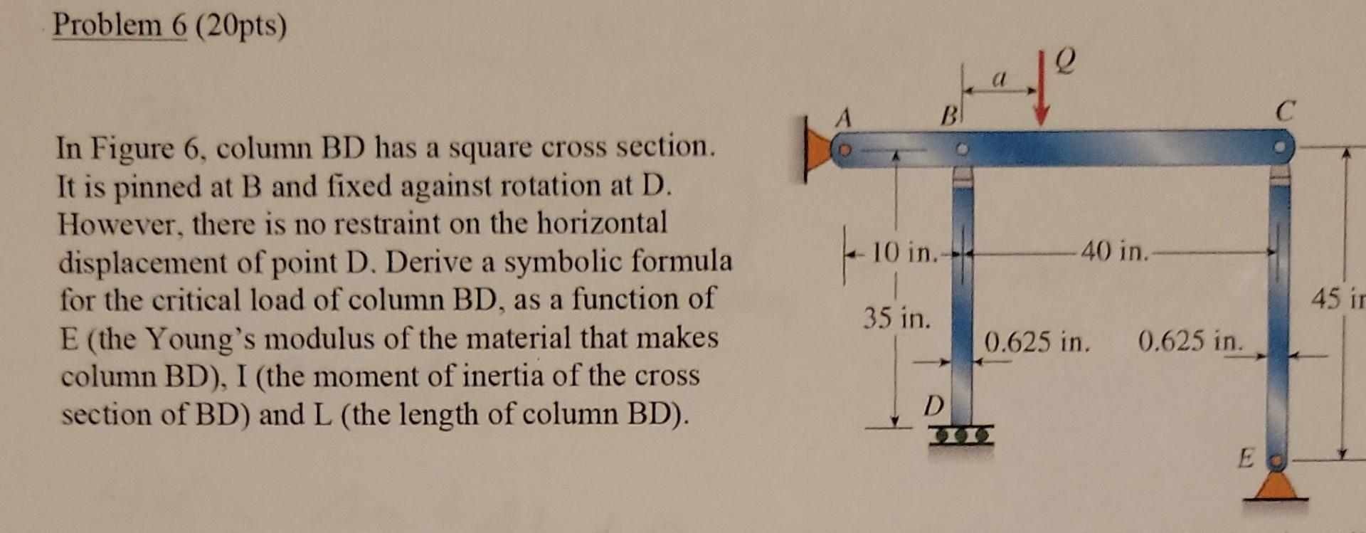 Problem 6 20pts Skal C 40 In A In Figure 6 Column Bd Has A Square Cross Section It Is Pinned At B And Fixed Agains 1