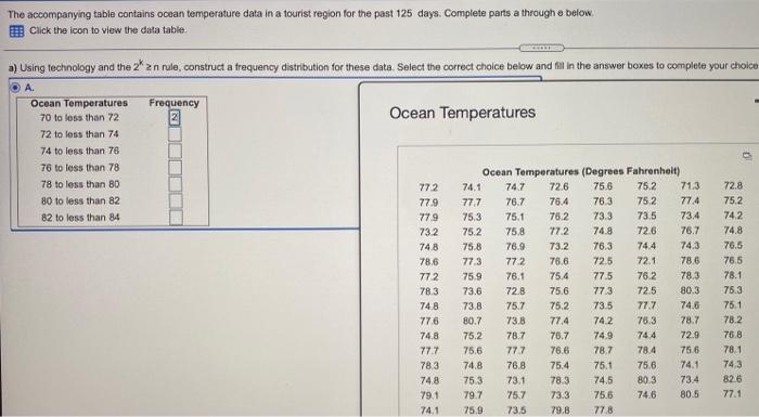 The Accompanying Table Contains Ocean Temperature Data In A Tourist Region For The Past 125 Days Complete Parts A Throu 1