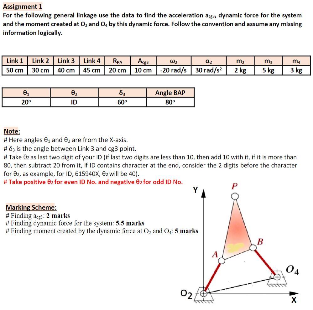 Assignment 1 For The Following General Linkage Use The Data To Find The Acceleration Acg3 Dynamic Force For The System 1
