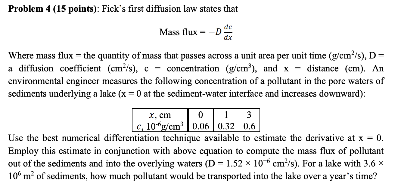 Problem 4 15 Points Fick S First Diffusion Law States That Mass Flux Dc D Dx 2 Where Mass Flux The Quantity Of 1