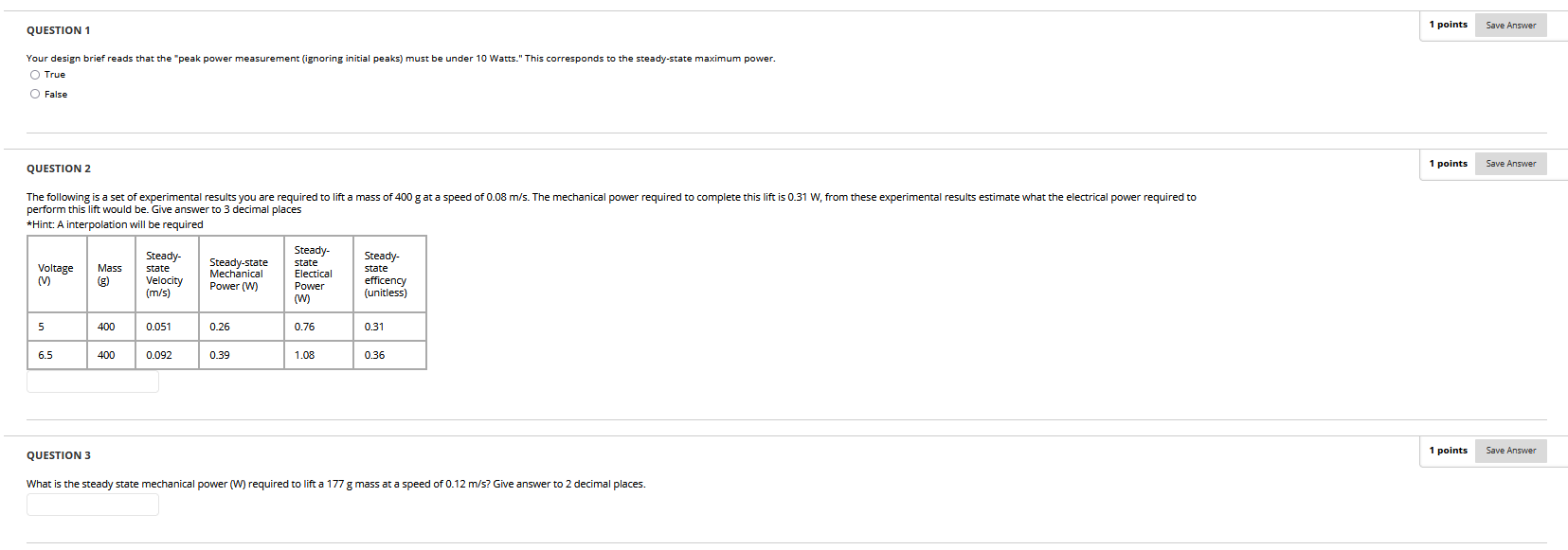 Save Answer Question 1 1 Points Your Design Brief Reads That The Peak Power Measurement Ignoring Initial Peaks Must B 1