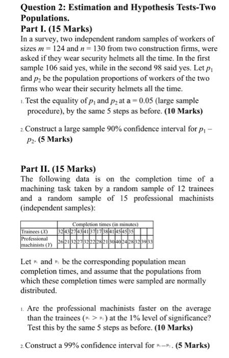 Question 2 Estimation And Hypothesis Tests Two Populations Part I 15 Marks In A Survey Two Independent Random Samp 1