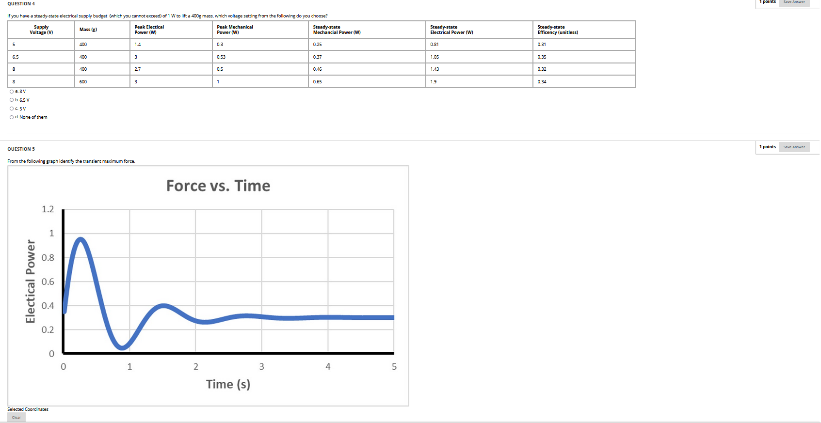 Points Question 4 If You Have A Steady State Electrical Supply Budget Which You Cannot Exceed Of 1 W To Lift A 400g Ma 1