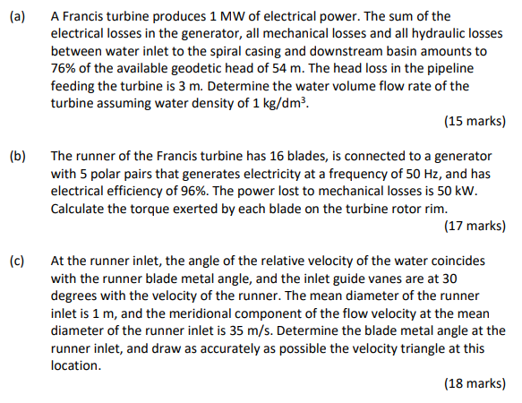 A A Francis Turbine Produces 1 Mw Of Electrical Power The Sum Of The Electrical Losses In The Generator All Mechanic 1