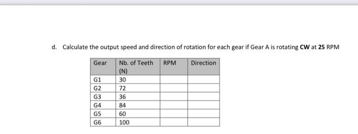 D Calculate The Output Speed And Direction Of Rotation For Each Gear If Gear A Is Rotating Cw At 25 Rpm Gear Nb Of Tee 1