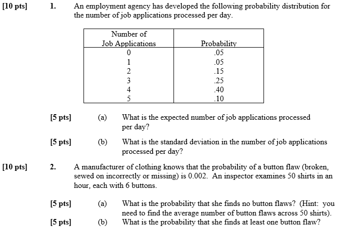 10 Pts 1 An Employment Agency Has Developed The Following Probability Distribution For The Number Of Job Applications 1