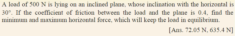 A Load Of 500 N Is Lying On An Inclined Plane Whose Inclination With The Horizontal Is 30 If The Coefficient Of Frict 1