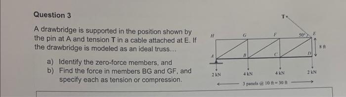 Question 3 T H G F 50 E Ra A Drawbridge Is Supported In The Position Shown By The Pin At A And Tension T In A Cable Att 1