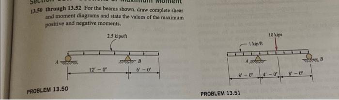 13 50 Through 13 52 For The Beams Shown Draw Complete Shear And Moment Diagrams And State The Values Of The Maximum Pos 1