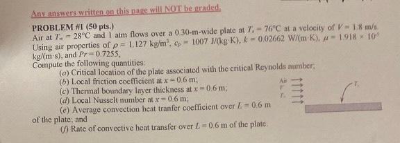 Any Answers Written On This Page Will Not Be Graded Problem 1 50 Pts Air At 7 28 C And 1 Atm Flows Over A 0 30 M 1